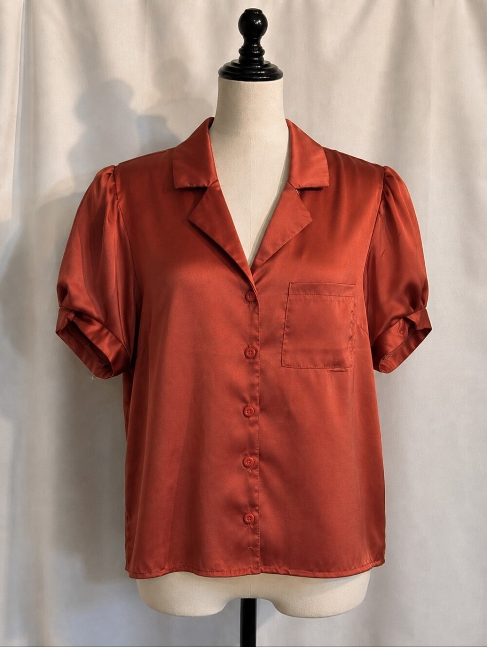 Satin Button Down Blouse Puff Sleeve In Rust By Monteau Los Angeles Size S